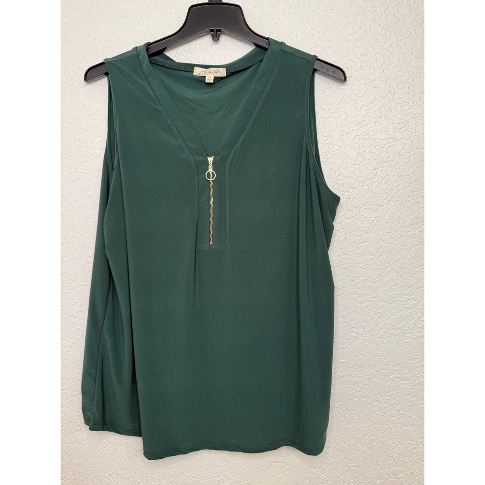 Joie de Vivre Womens 2X Forest Green Sleeveless V-Neck Ring Zipper Blouse Top